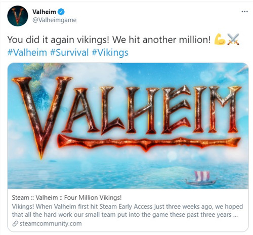 开放世界生存游戏《Valheim：英灵神殿》销量超400万份