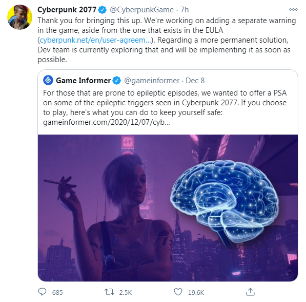 赛博朋克2077竟然会导致癫痫！ 官方表示正在探索解决方案