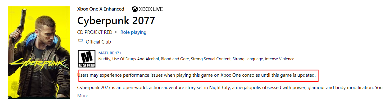 赛博朋克2077Xbox版暂未下架 购买前有警告提示