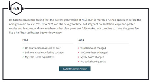 《NBA 2K21》Wccftech 6.5分 M站用户评分最低1分